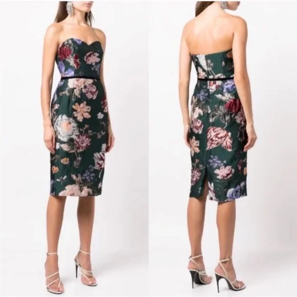 Marchesa Notte Strapless Floral Midi Dress size 12 - Picture 2 of 9